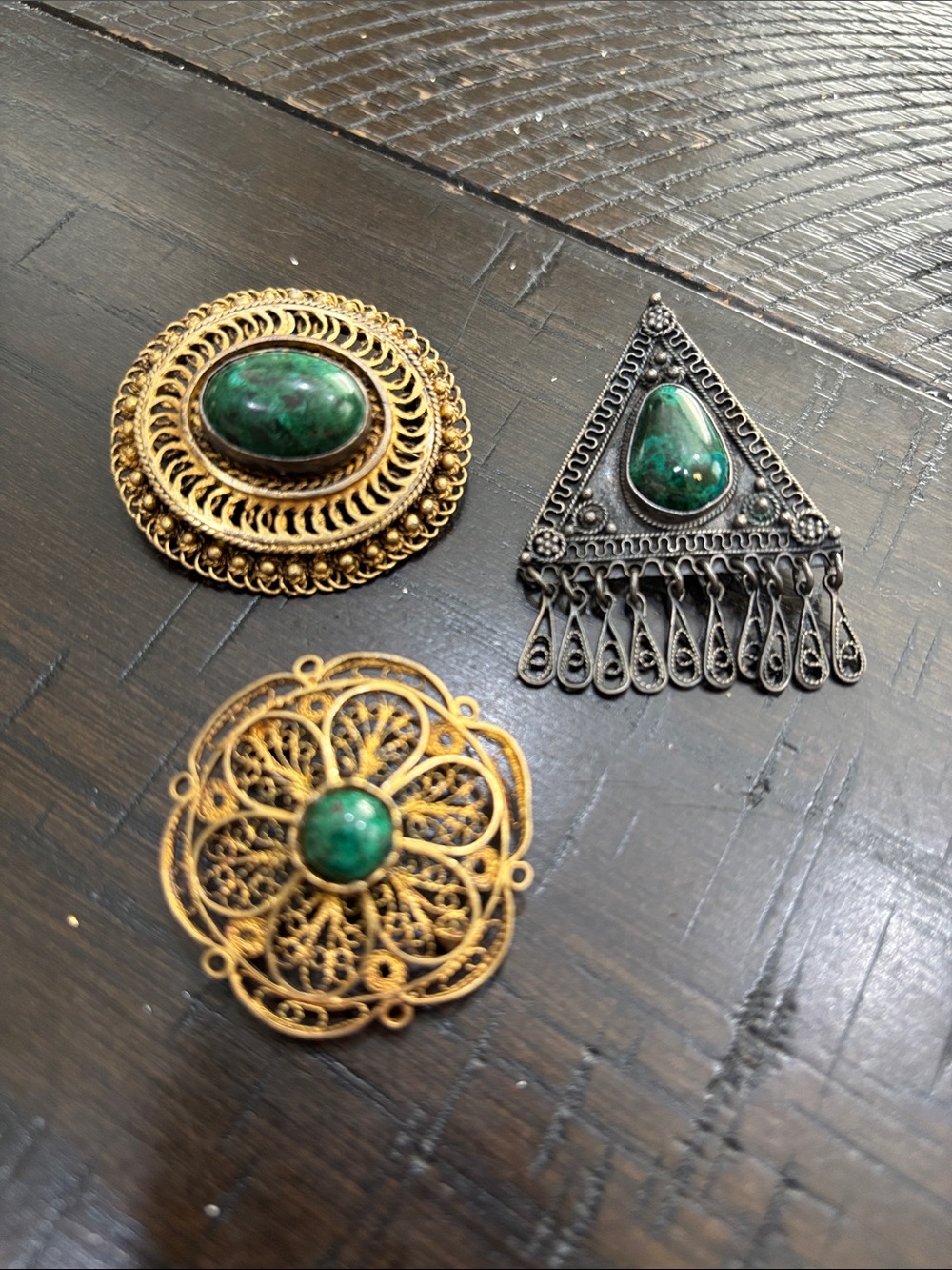 Vintage 925 Israel Green Stone Filigree Brooches (Set of 3)